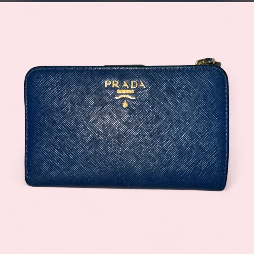 Prada Navy Wallet with Saffiano Leather and Gold Hardware